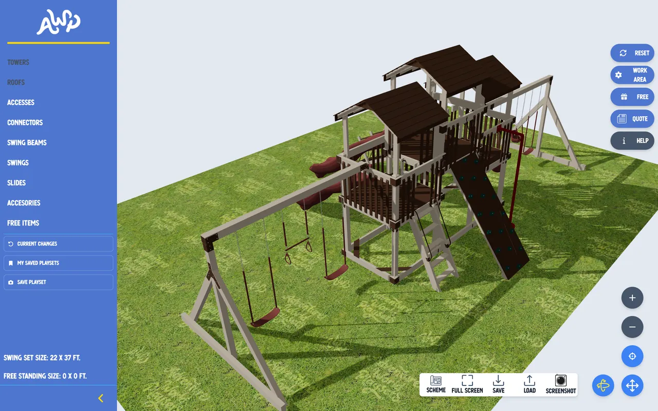Adventure World Playsets 3D design center showing a custom playset