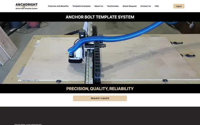 Anchoright website with a CNC machine cutting an anchor bolt template